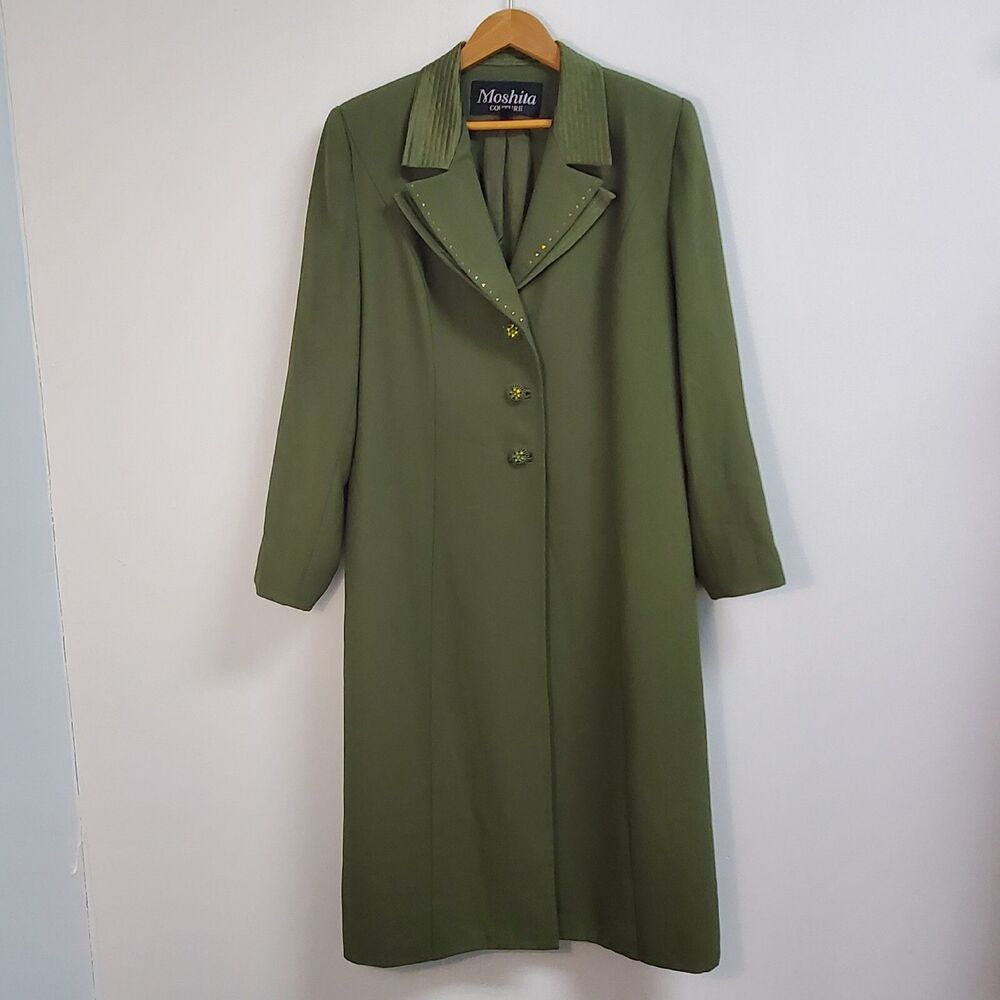 Moshita Couture Trench Coat Women's 16 Olive Green Rhinestone Embellishment